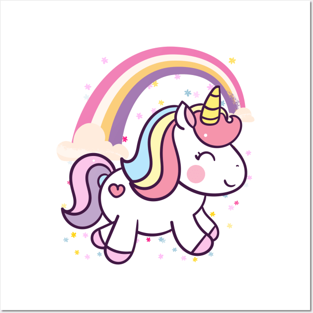 Cute Unicorn With Rainbow and Little Flowers Wall Art by teezeedy